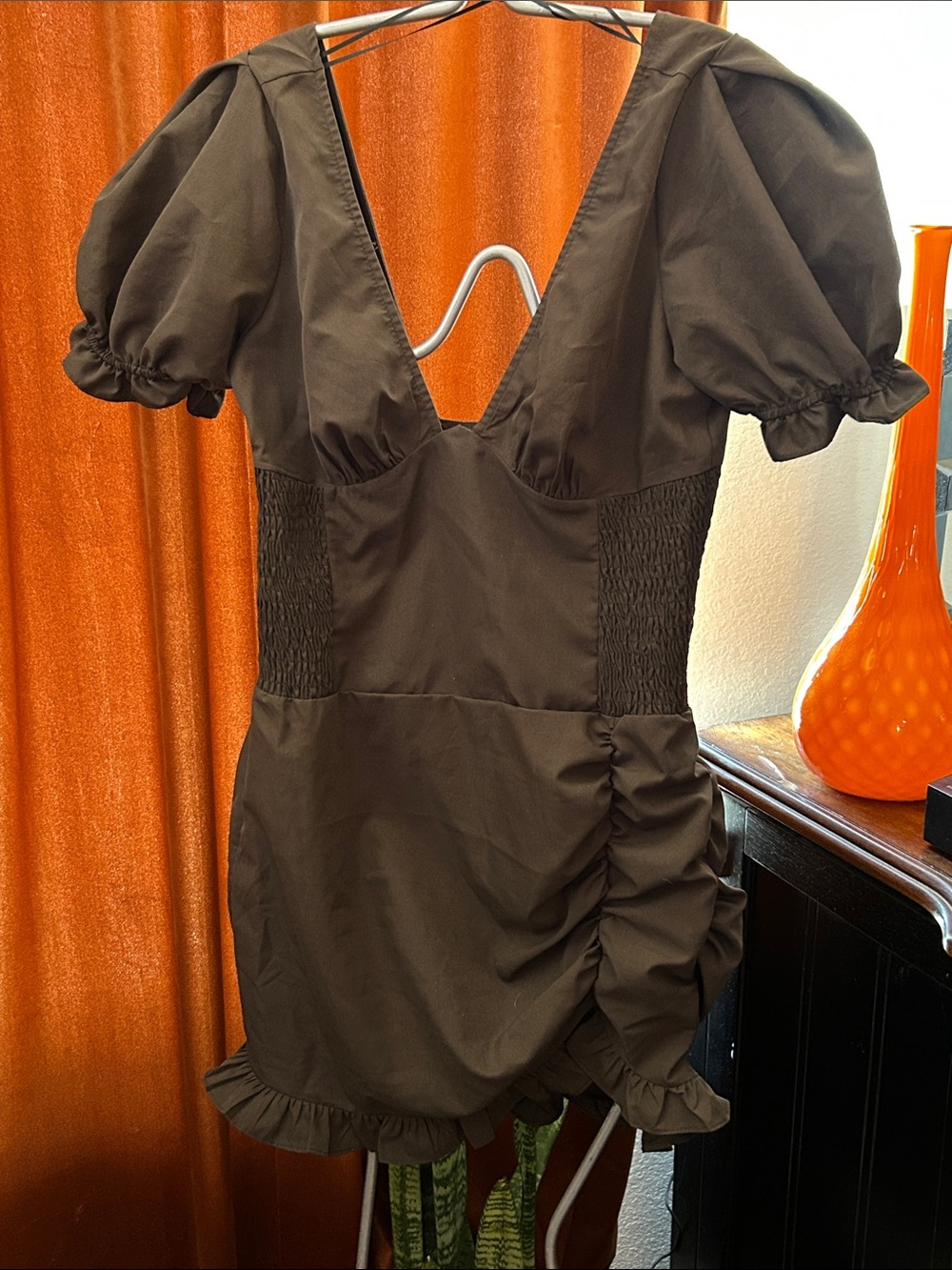 PrettyLittleThing Chocolate Brown Puff Sleeve Mini Dress